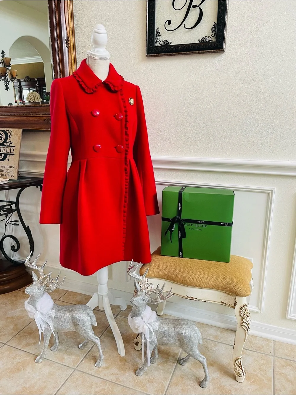 Kate Spade New York RUFFLE TRIM BOW BACK COAT IN CHARM RED